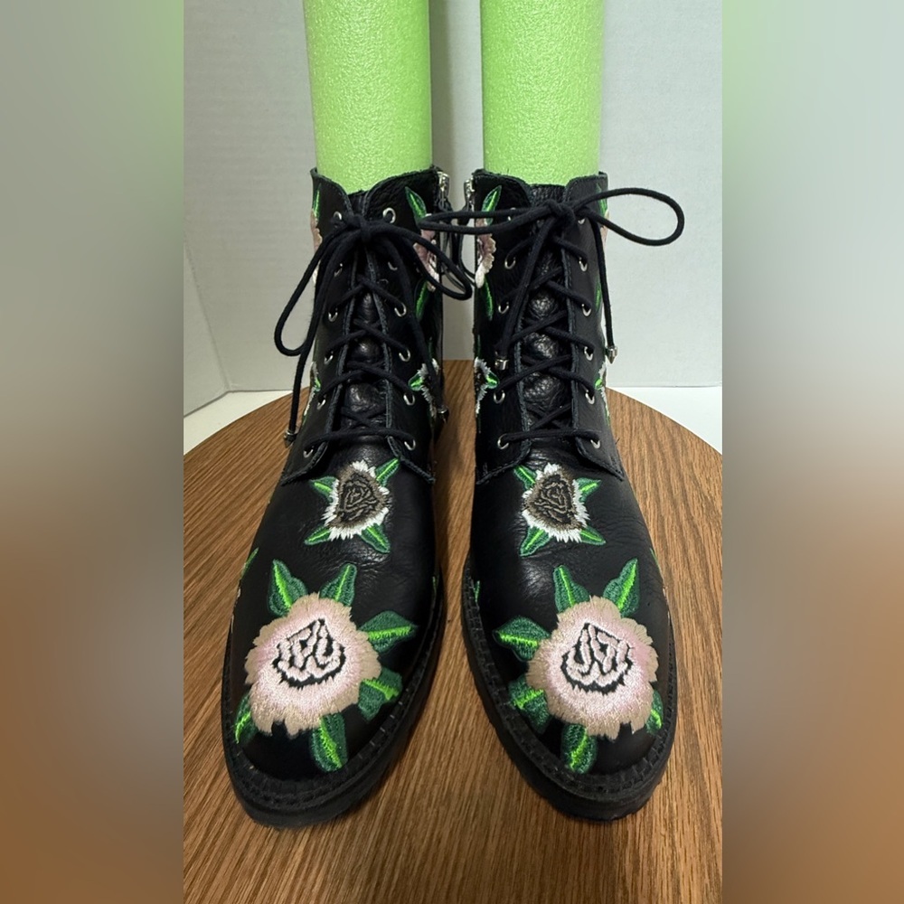 Rebecca Minkoff Gerry Floral Embroidered Black Leather Combat Boots - 9M